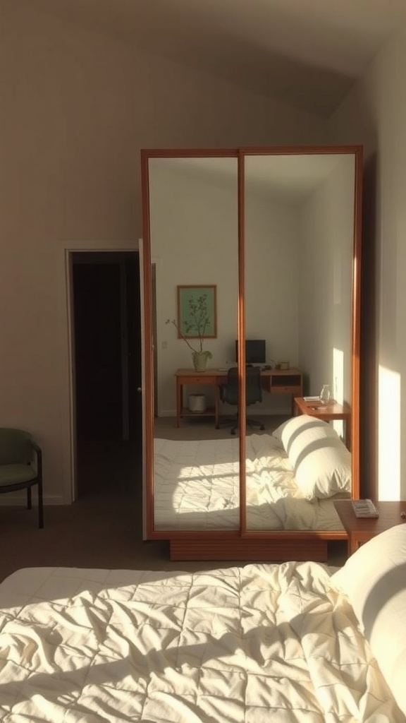 A small bedroom featuring a mirror wardrobe that reflects light and enhances the space.