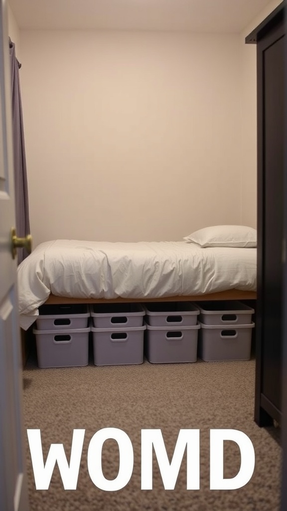 A small bedroom with a bed elevated over gray storage bins placed underneath.