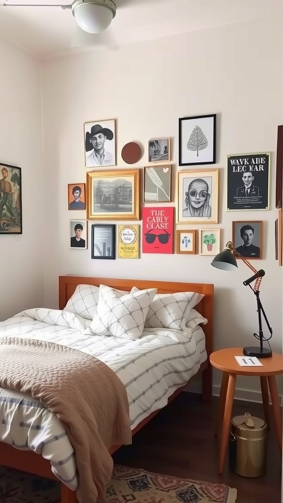 A cozy bedroom featuring a gallery wall with various art pieces and a neatly made bed.