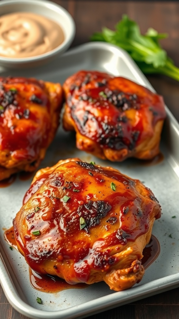 Baked BBQ chicken thighs with a rich glaze and parsley garnish.