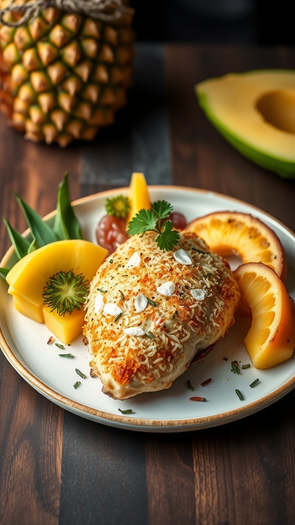 Plate of baked coconut-crusted chicken with garnishes