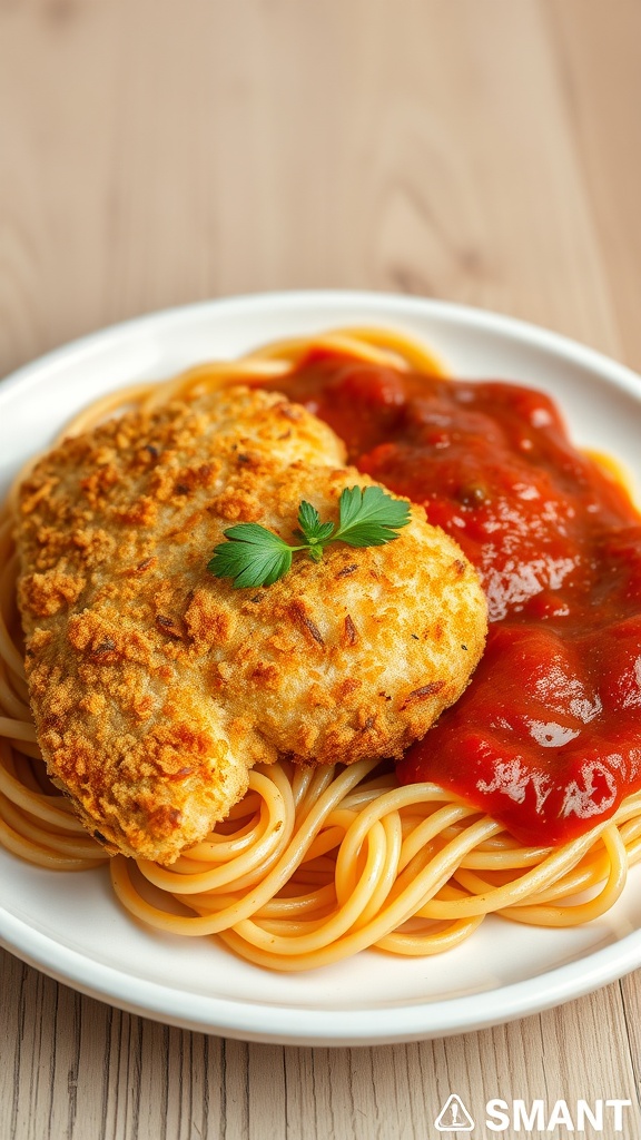 A plate of baked Italian chicken served with pasta and marinara sauce.