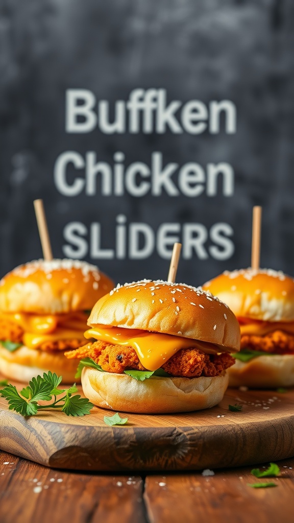 Buffalo Chicken Sliders on a wooden board.