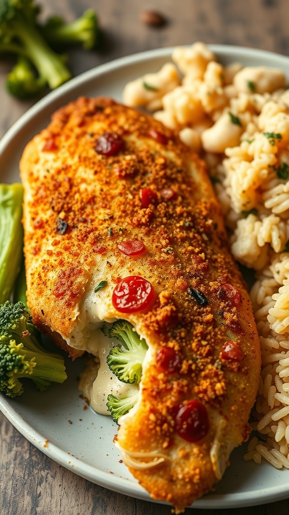 Cheesy Broccoli Stuffed Chicken on a plate with a side of pasta and broccoli