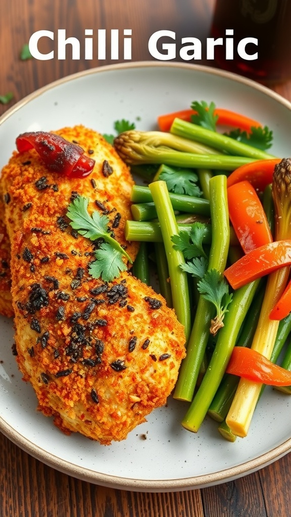 A plate of chili garlic breaded chicken served with green vegetables and colorful peppers.