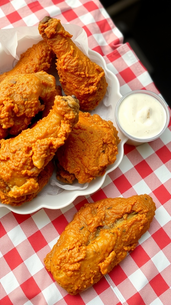 A plate of classic Southern fried chicken with crispy texture and a side of dipping sauce.