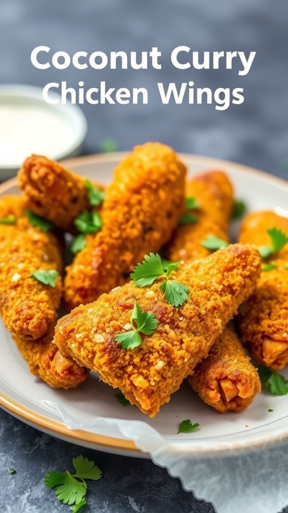 Crispy coconut curry chicken wings garnished with cilantro