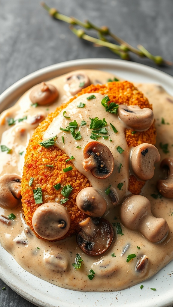 Creamy Mushroom Chicken served with mushroom sauce and garnished with parsley.