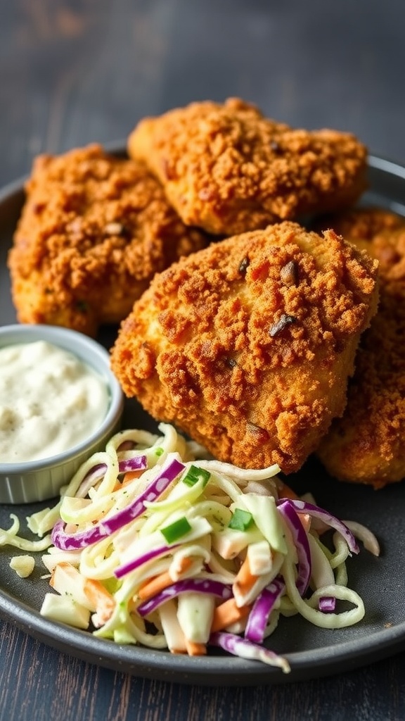 Plate of crispy Cajun chicken served with slaw and dipping sauce.