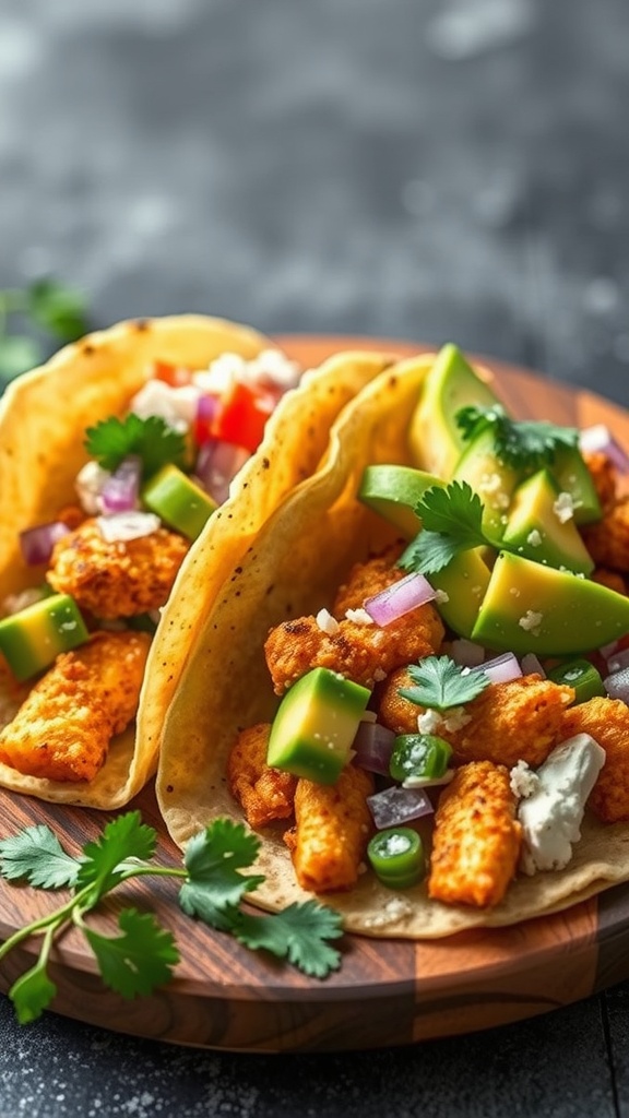 Crispy chicken and avocado tacos with fresh toppings