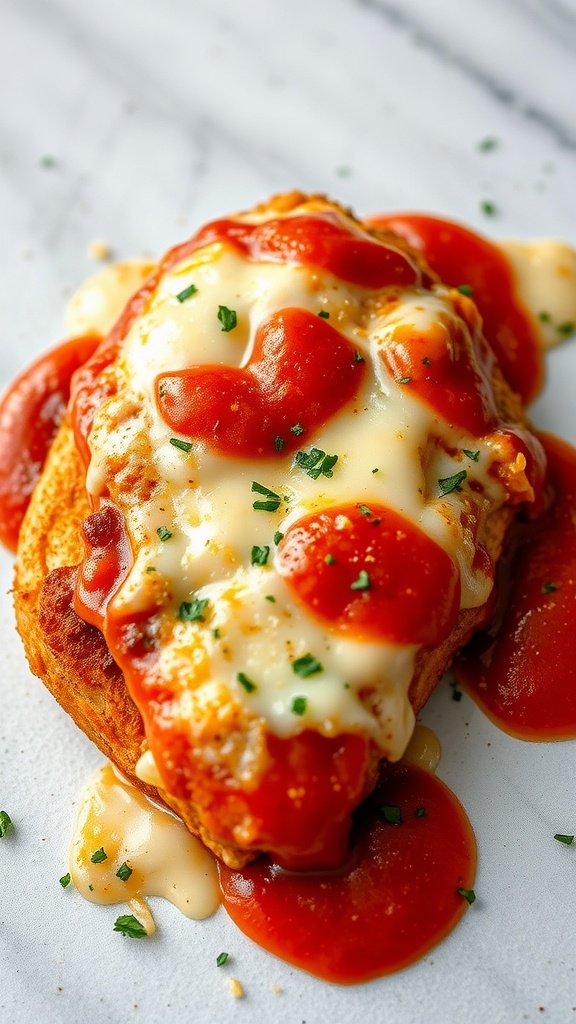 A delicious plate of crispy chicken parmesan topped with marinara sauce and melted cheese