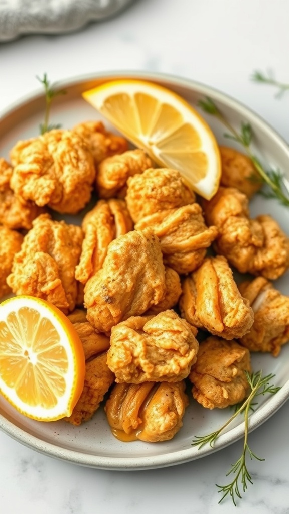 Crispy dill chicken strips served with lemon slices