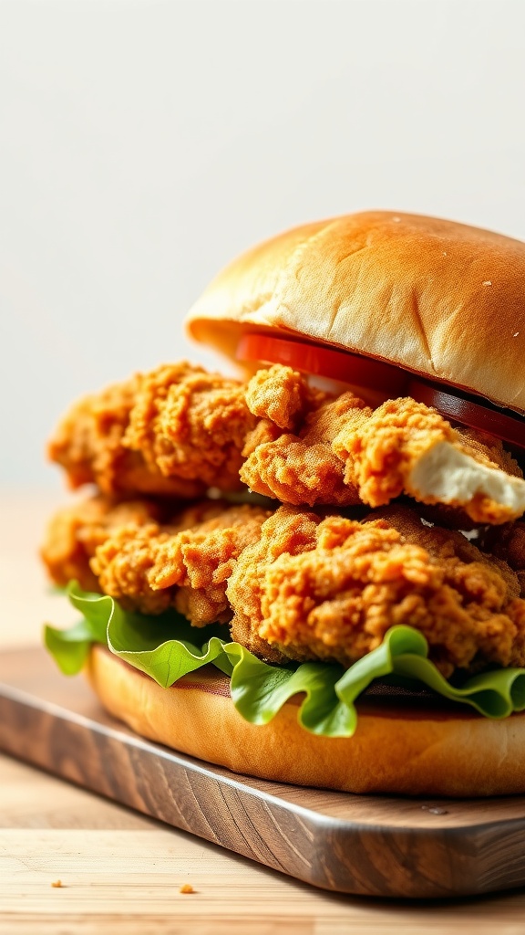 A close-up of a fried chicken sandwich with crispy chicken, lettuce, and a soft bun.