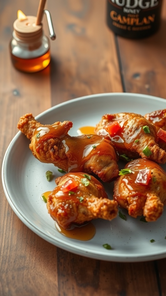 Plate of fried chicken drizzled with honey and garnished with green onions.