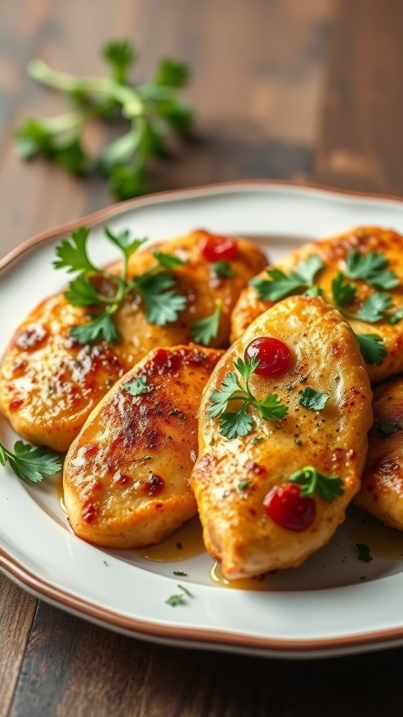 Delicious garlic butter chicken cutlets garnished with fresh parsley.