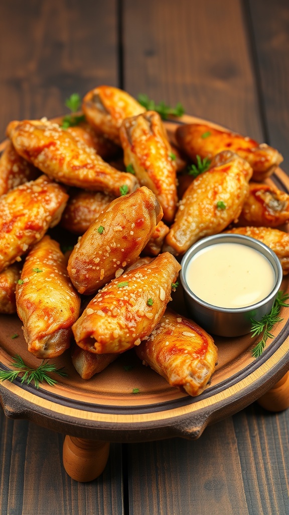 Delicious garlic parmesan chicken wings served with a dipping sauce.