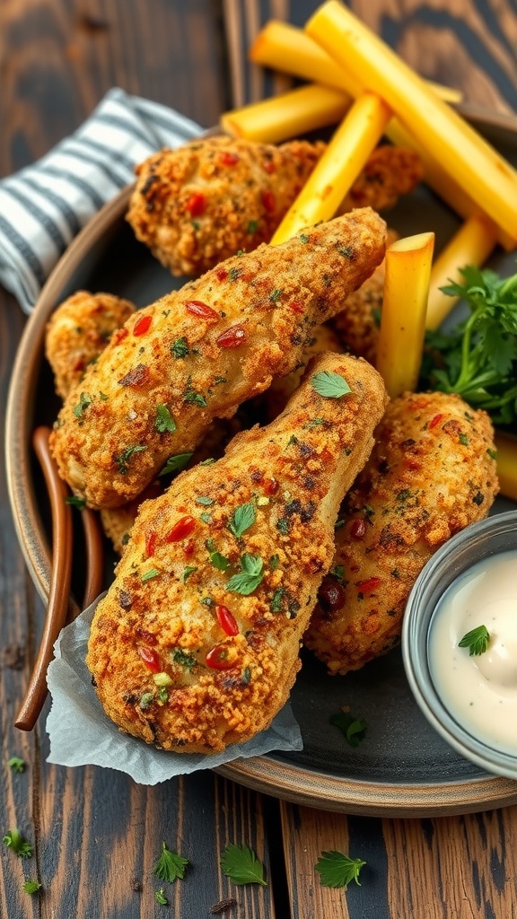 A plate of crispy herb-crusted chicken tenders served with dipping sauce and fries.