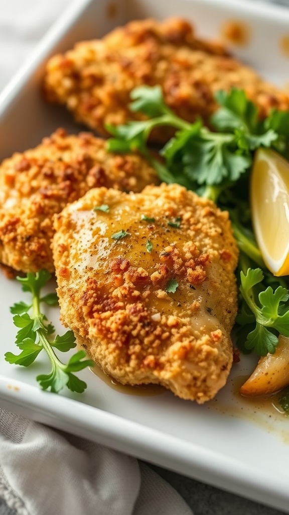 Baked chicken breasts coated with breadcrumbs and served with greens