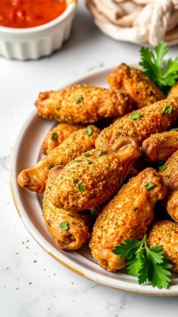 Plate of crispy breaded Italian herb chicken wings garnished with parsley