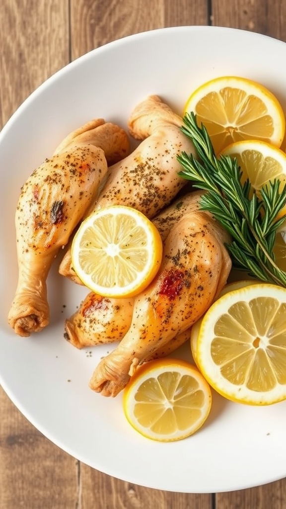 A plate of lemon pepper baked chicken with lemon slices and rosemary