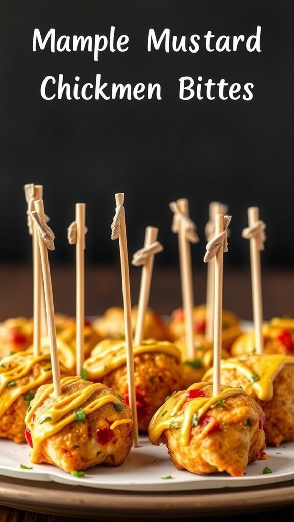 Maple Mustard Chicken Bites on a platter with toothpicks