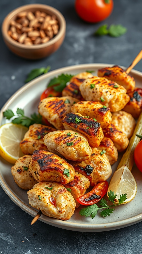 Delicious Mediterranean chicken skewers served with lemon and herbs