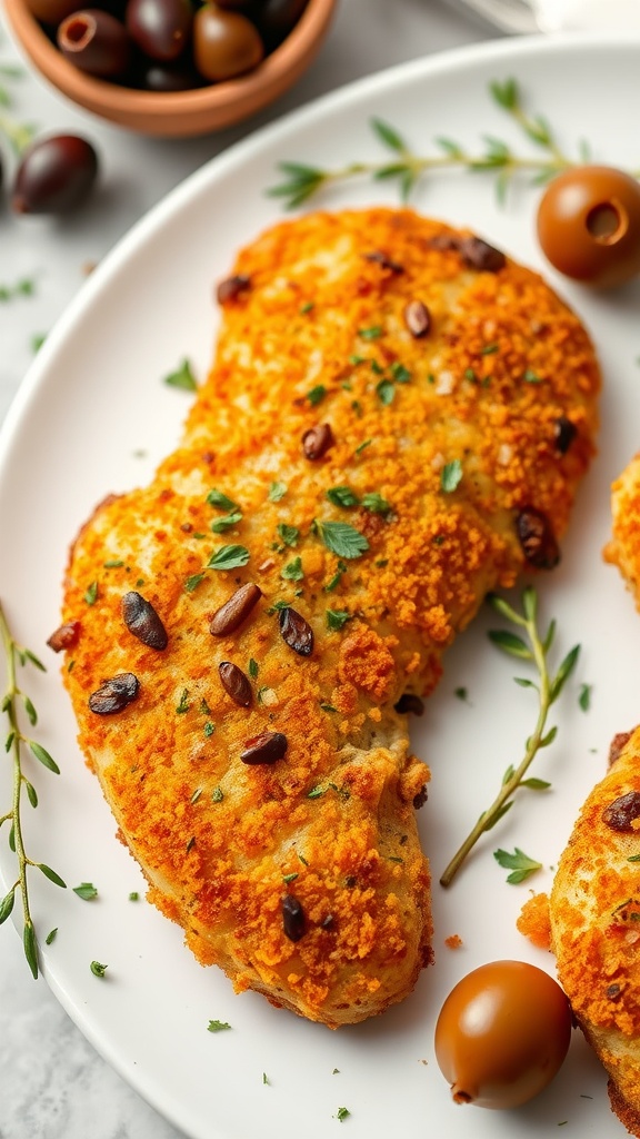 A plate of Mediterranean spiced breaded chicken garnished with herbs.