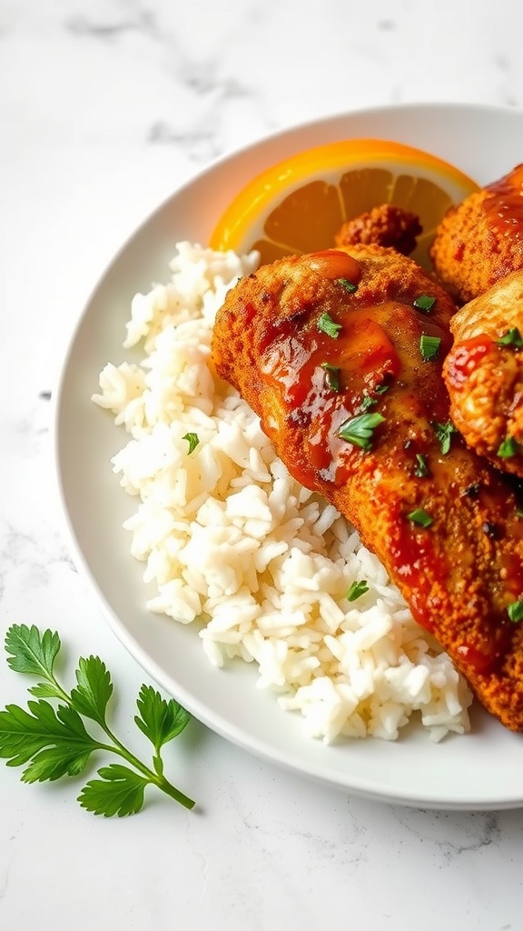 Delicious orange ginger chicken served with rice and parsley.