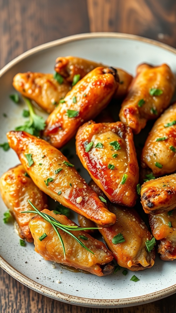 A plate of crispy Parmesan garlic chicken wings garnished with parsley