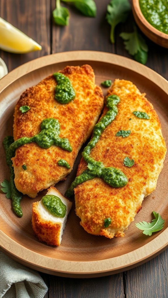 Breaded chicken cutlets drizzled with pesto sauce, garnished with herbs.