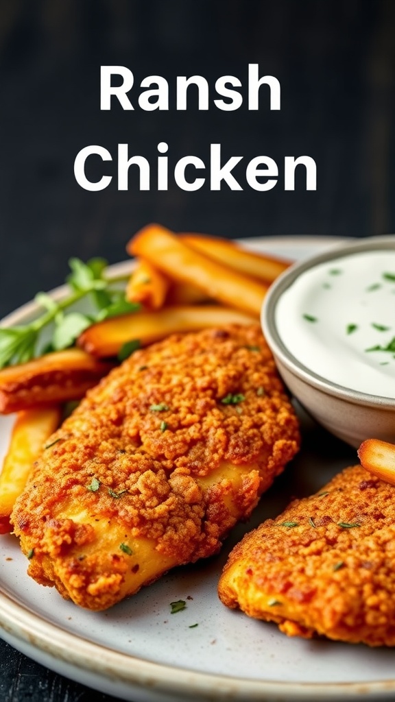 Breaded chicken with ranch seasoning served with fries and ranch dip