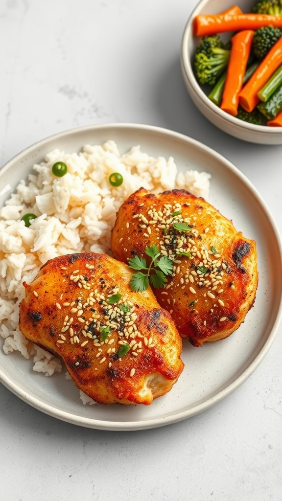 Plate of sesame crusted chicken served with rice and vegetables