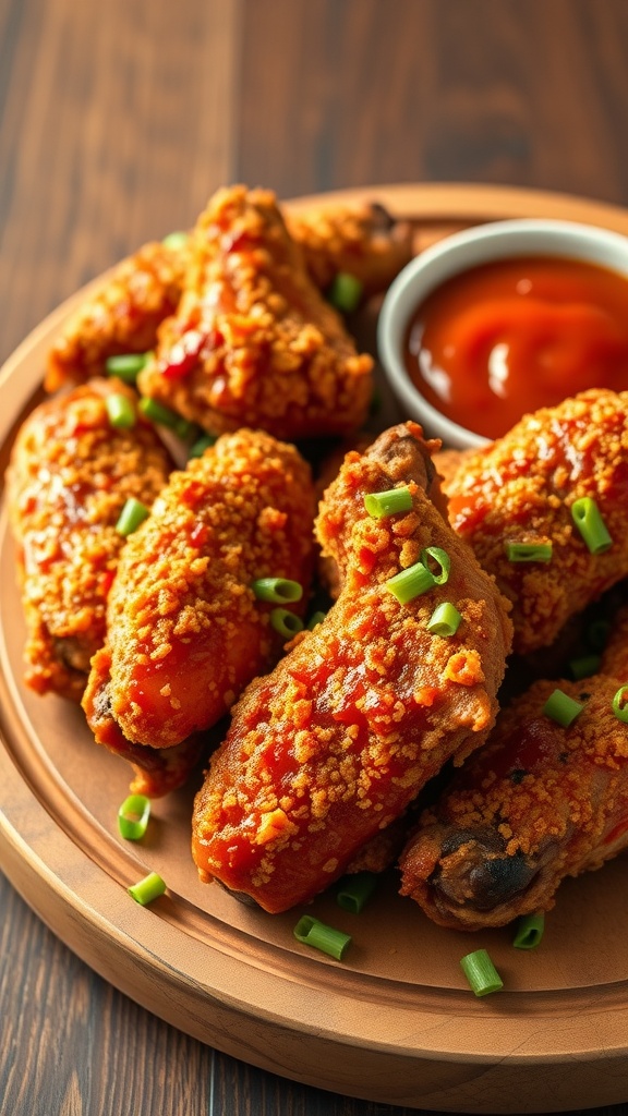 Plate of spicy Asian chicken wings garnished with green onions.