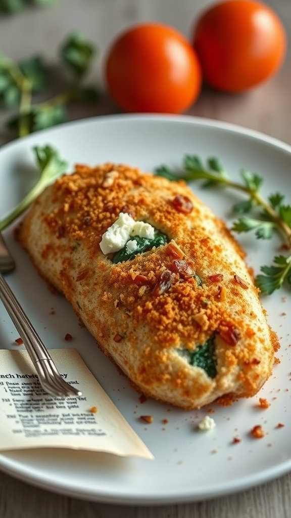 Breaded chicken stuffed with spinach and feta cheese