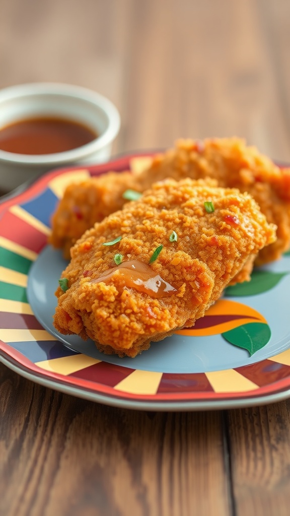 A plate of crispy breaded chicken drizzled with Sriracha honey sauce.