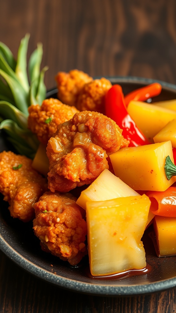 A plate of sweet and sour chicken featuring crispy breaded chicken pieces, pineapple chunks, and colorful bell peppers.