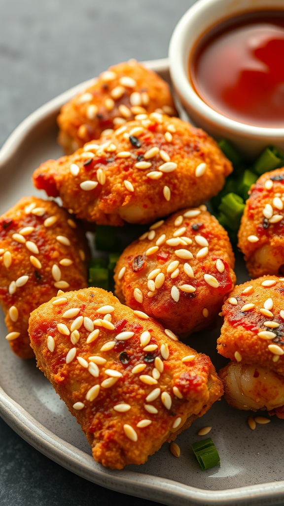 Deliciously breaded teriyaki chicken bites garnished with sesame seeds