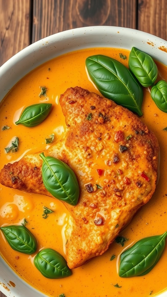 A bowl of Thai coconut curry chicken with crispy breaded chicken and basil leaves in a creamy sauce.