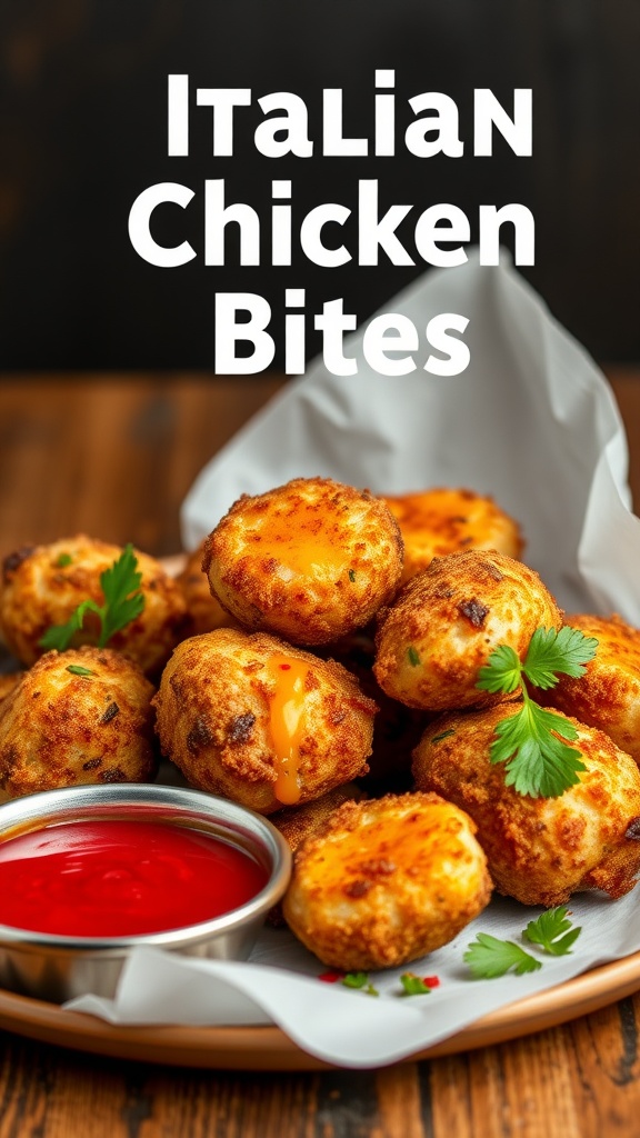 Plate of crispy breaded chicken bites with dipping sauce