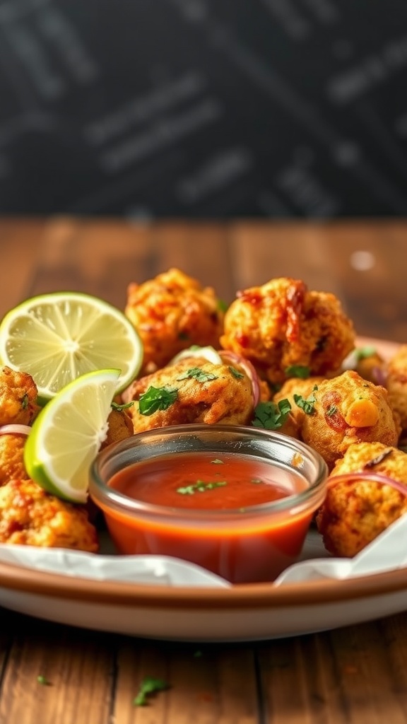 Delicious zesty lime chicken bites served with lime wedges and dipping sauce