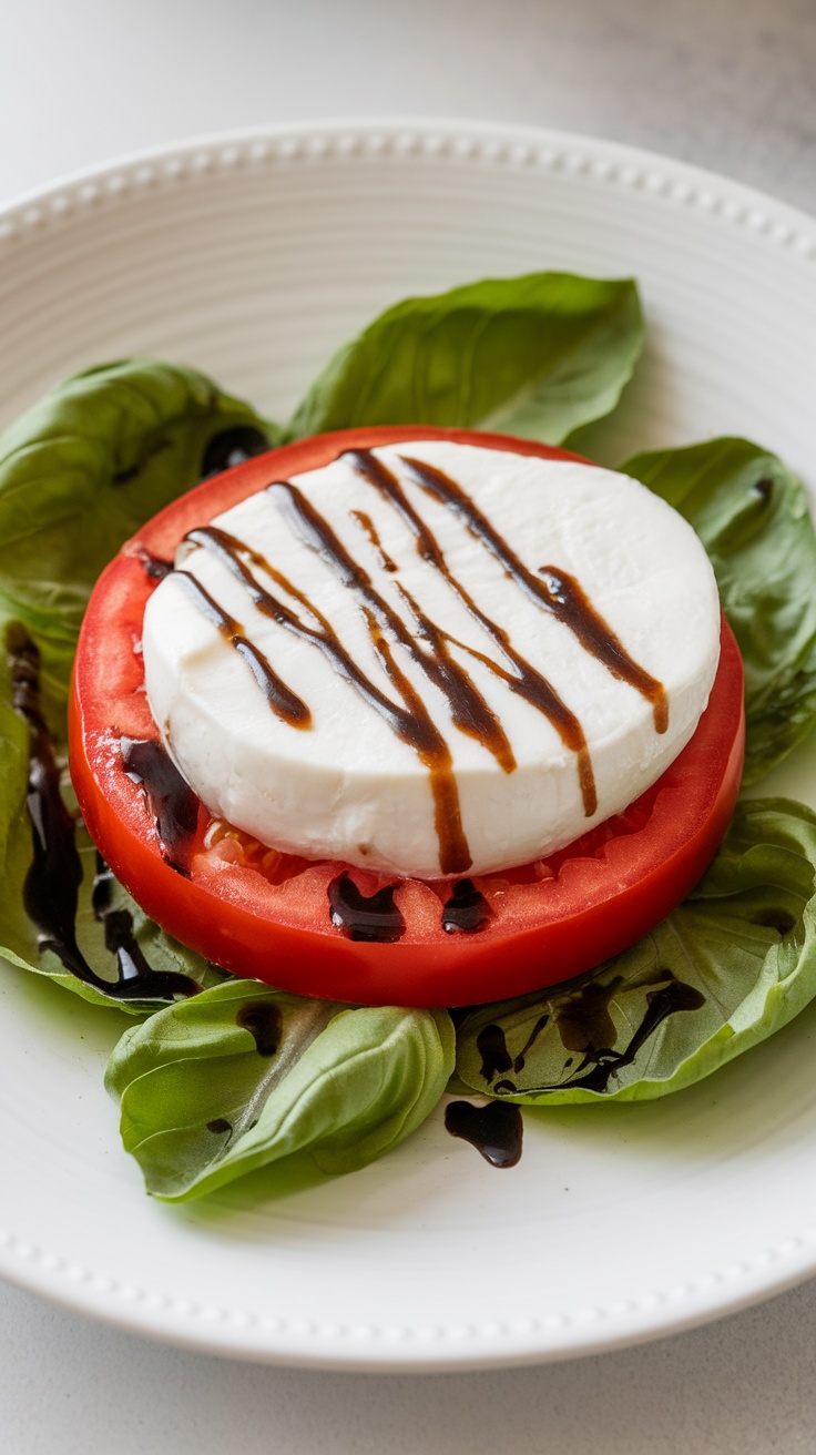 A Caprese salad featuring fresh mozzarella, tomatoes, and basil drizzled with balsamic glaze.