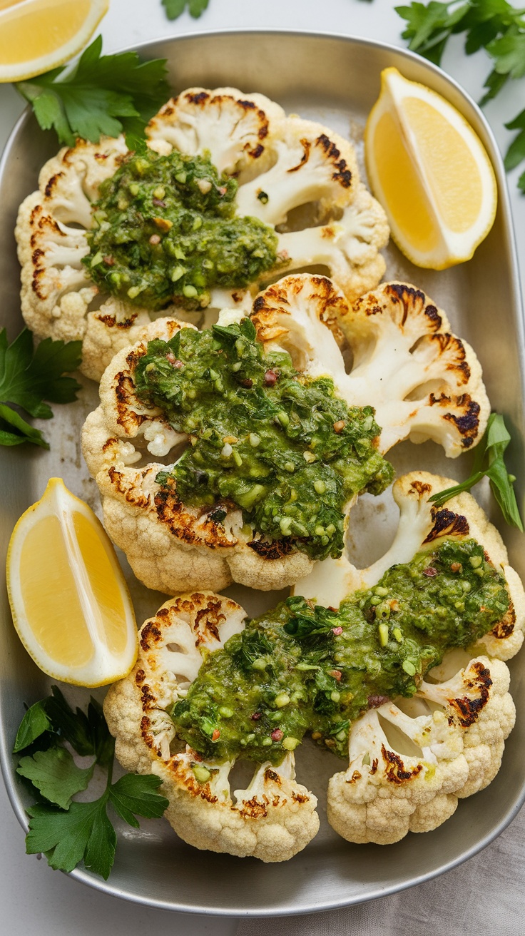 Grilled cauliflower steaks topped with chimichurri sauce and lemon wedges.