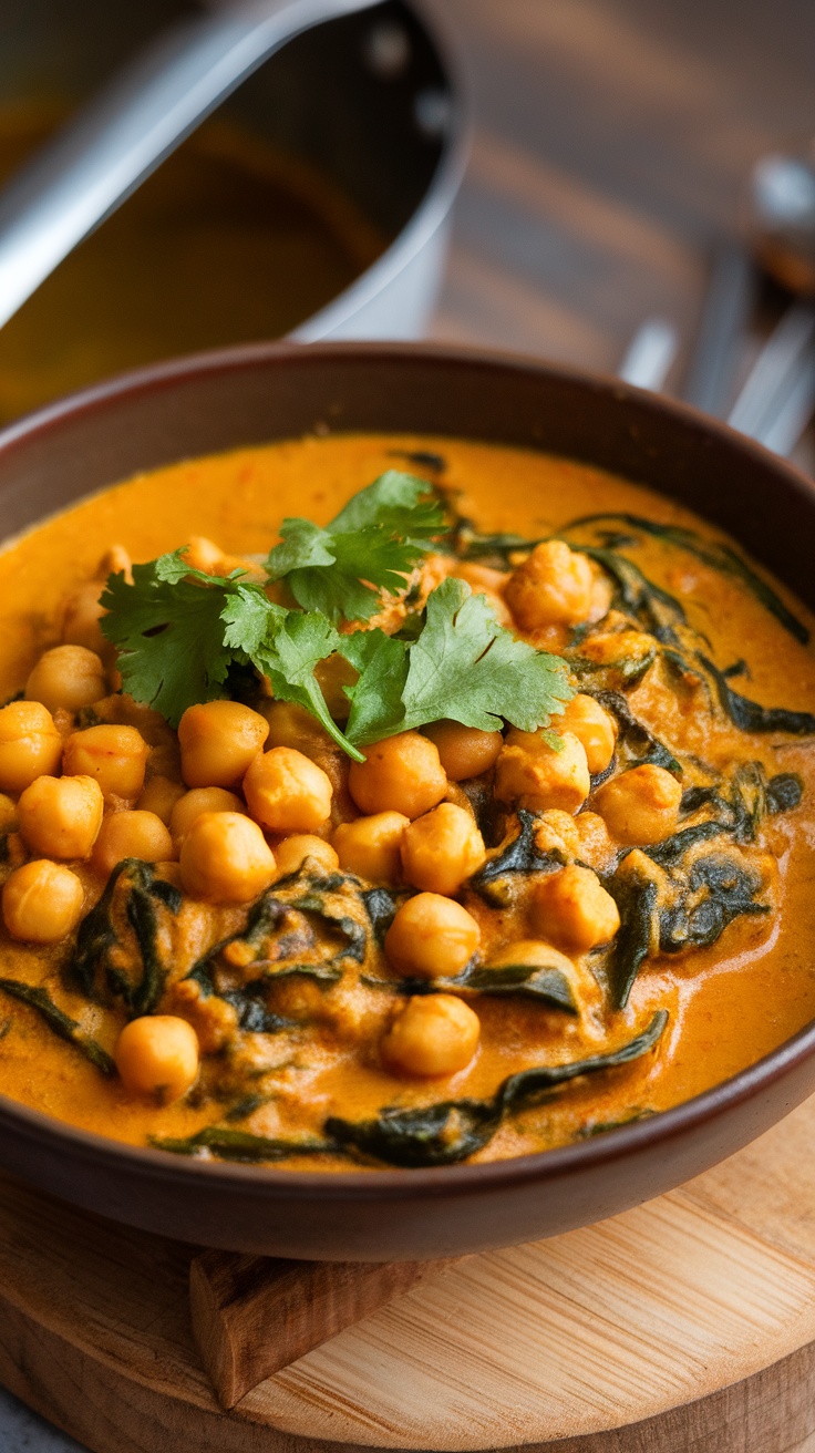 A bowl of chickpea and spinach curry garnished with fresh cilantro.