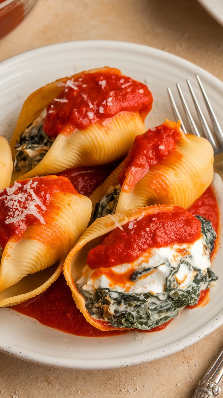 Plate of creamy spinach and ricotta stuffed shells with tomato sauce