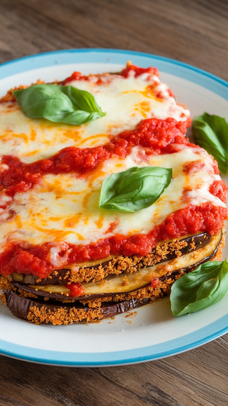 A plate of Eggplant Parmesan with marinara sauce and fresh basil.