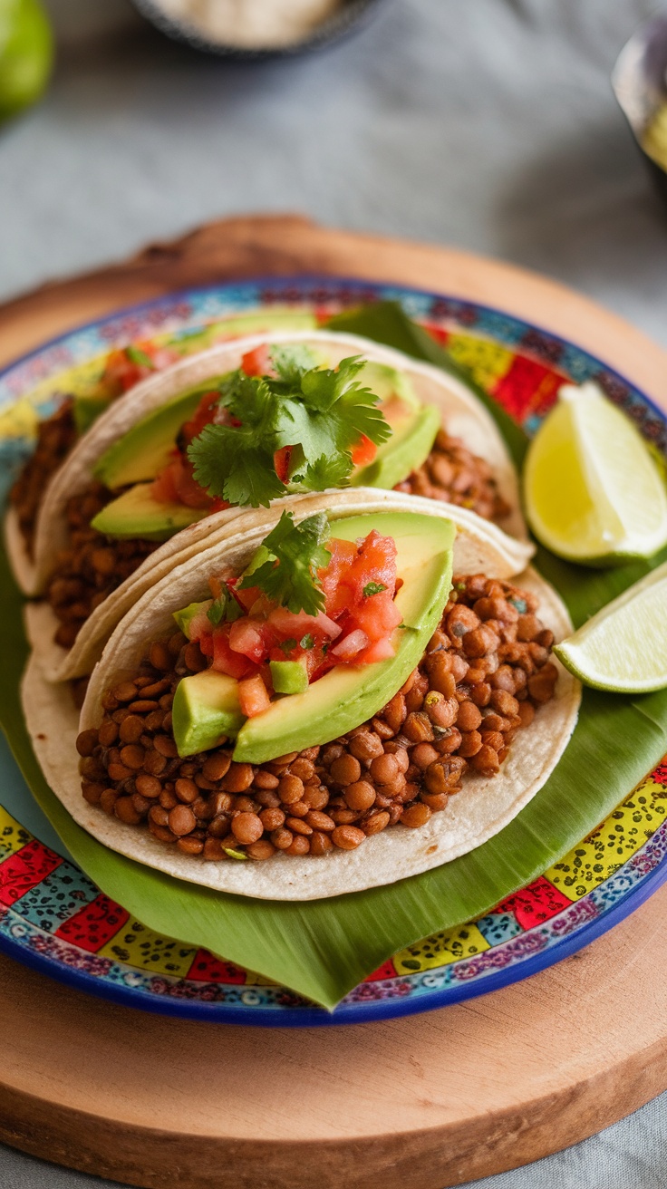 Lentil tacos topped with avocado, cilantro, and tomato on a colorful plate.