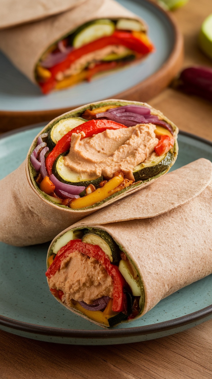 Roasted vegetable and hummus wrap on a plate, showcasing colorful veggies and creamy hummus.