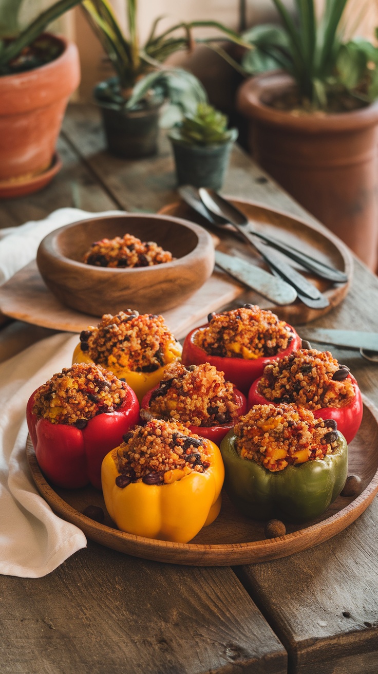 Stuffed bell peppers filled with quinoa, beans, and spices, served on a wooden platter.