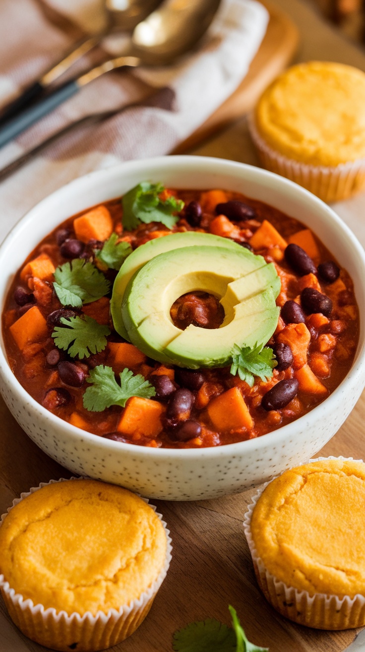 A bowl of sweet potato and black bean chili topped with avocado and cilantro, accompanied by cornbread muffins.