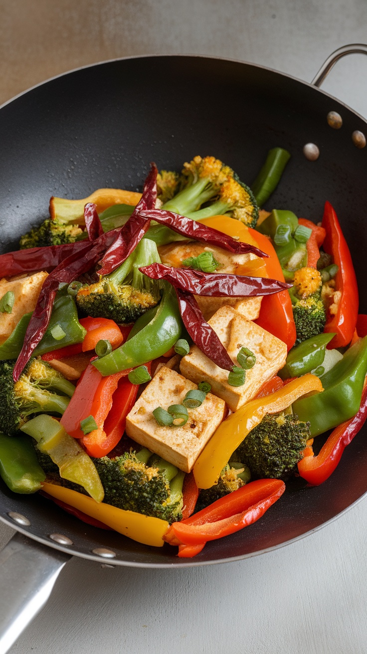 A vibrant stir-fry with tofu, bell peppers, and broccoli in a skillet.